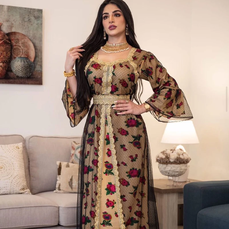 Muslim Gold Embroidery Abaya Dress Middle East Dubai Turkey Morocco Kaftan Party Evening Dress Muslim Turkish Dress Nation