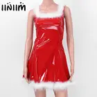 Женский нарядный костюм деда мороза, Рождественский костюм, Клубная одежда для косплея и вечеринки на открытом воздухе с белой отделкой из перьев, ТРАПЕЦИЕВИДНОЕ ПЛАТЬЕ с шапочкой