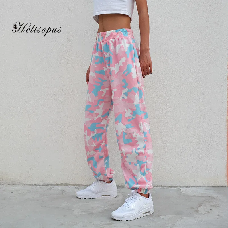 Осенние женские новые брюки Helisopus 2020 розовые камуфляжные повседневные с принтом