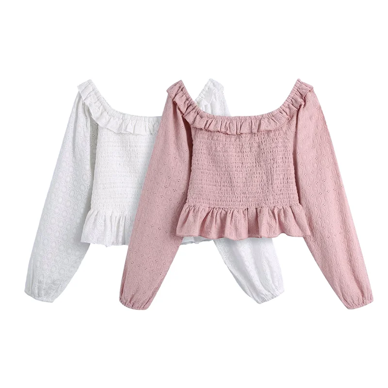 

ZXQJ милые женские Однотонные эластичные короткие рубашки 2020 модные женские блузки с оборками и квадратным воротником Элегантная Женская аж...