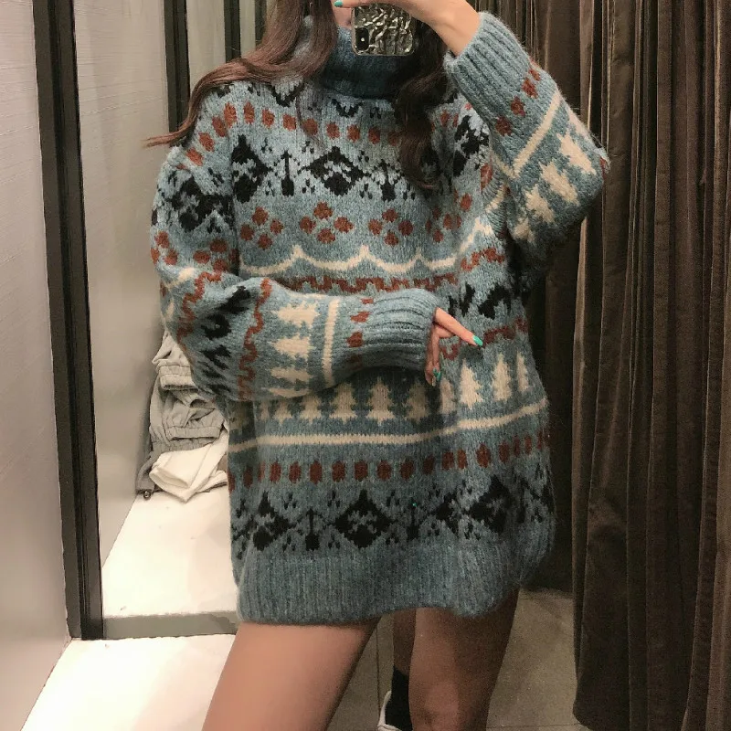 

Женский свитер-водолазка с геометрическим принтом, Свободный Длинный пуловер большого размера в стиле ретро, 2021