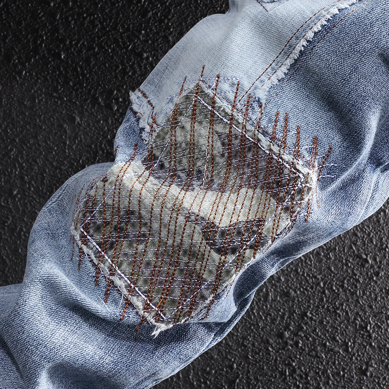 American Street Style Fashion Men Jeans Retro Light Blue Elastic Slim Fit Ripped Jeans Men Patches Designer Hip Hop Denim Pants