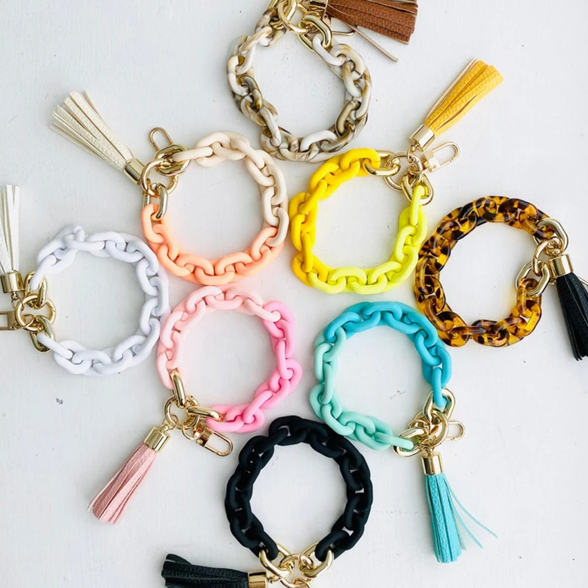 

Pop Keychain Women Accessories Wholesale Wristlet Bangle Bracelet Cute Acrylic Link Chain Leather Tassel Phone Charm Key Chain