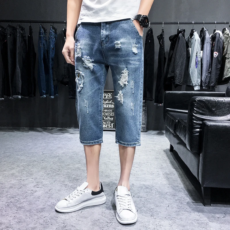 2019 personality trend fashion hole cropped trousers new Japanese men's jeans calca masculina hip hop Best Free shipping XL |