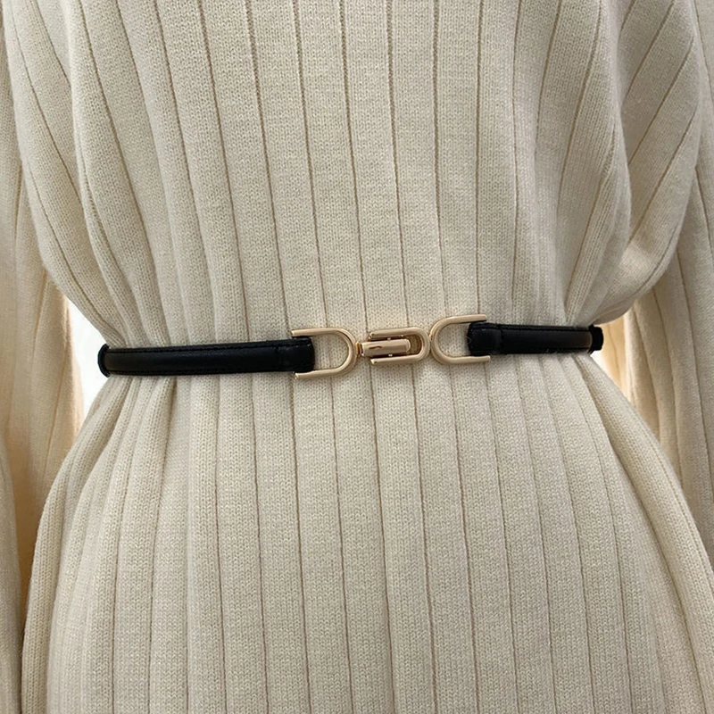 

All-match Fashion Adjustable PU Leather Ladies Dress Belts Skinny Thin Women Waist Belts Strap Gold Color Buckle Female Belts