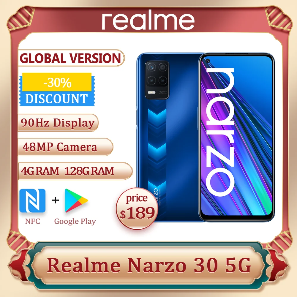 2021 Новый realme Narzo 30 5G глобальная версия 4 Гб 128 NFC Dimensity 700 48MP тройной Камера 5000 мА/ч 90