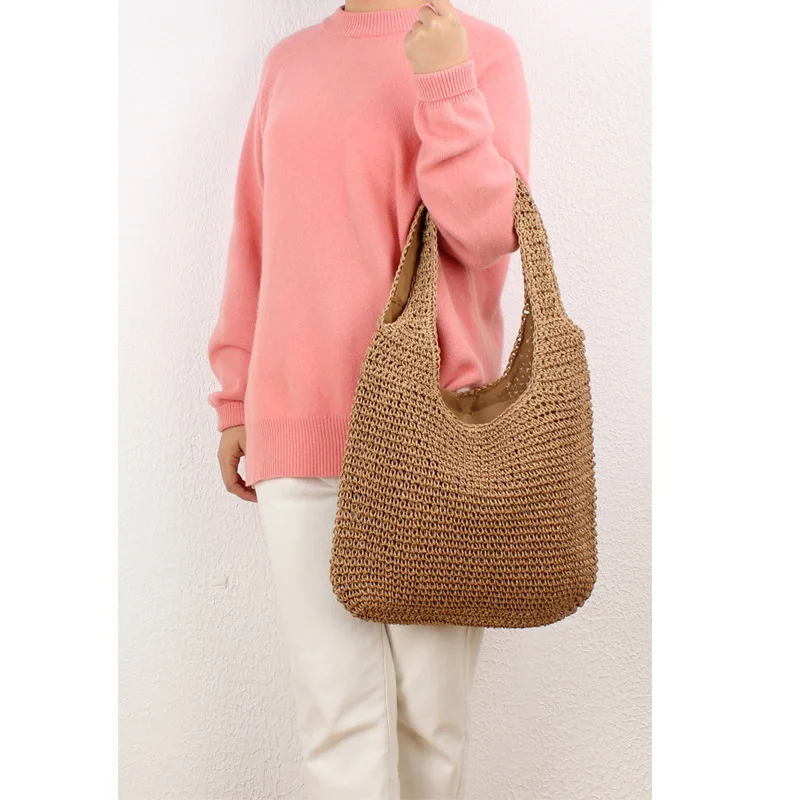 

European and American Shoulder Straw Mori Style Hand Woven Leisure Large Capacity Beach Bag