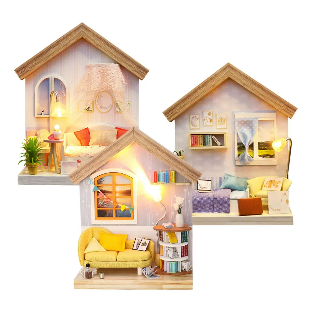 

Dollhouse with Realistic Furniture Kit Wooden Cottage Doll House