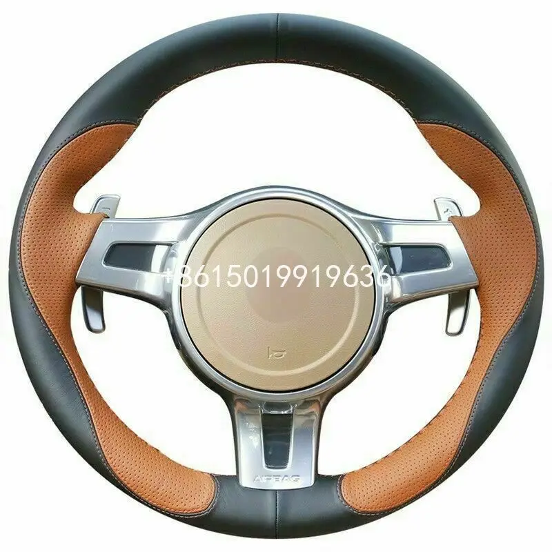 

Top Leather Car Steering Wheel Hand-stitch on Wrap Cover For Porsche Panamera 2012-2013