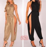 sexy new slit wide leg harem jumpsuits rompers women gold lace up sleeveless jumpsuits overalls clubwear