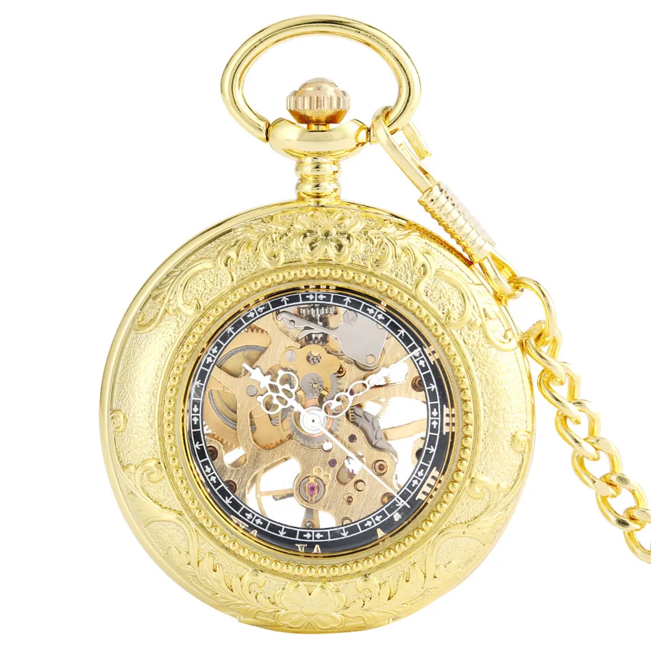 

Transparent Glass Roman Numerals Display Manual Mechanical Pocket Watch Gold Pocket Chain Pendant Antique Clock Gifts Male