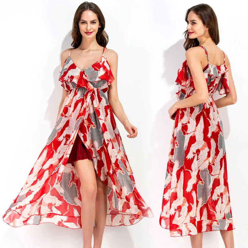 

Ladies Slip Dress Cowl Neck Sexy Slim V-Neck Split Ruffled Beach Skirt Vacation Style Bohemia Daily Ritual Chiffon Vestidos
