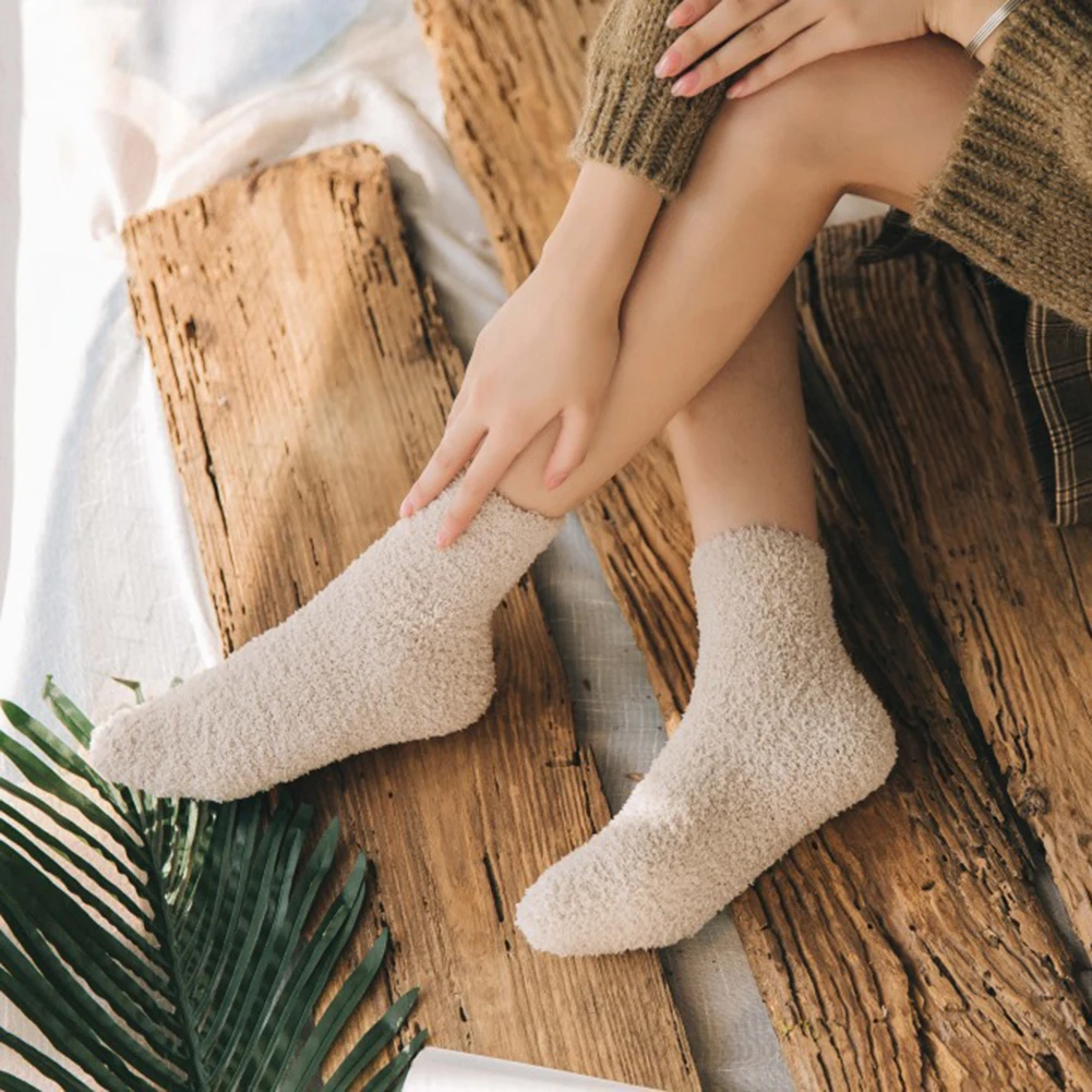 Зимние носки женские для кровати однотонные пушистые плотные теплые хлопковые