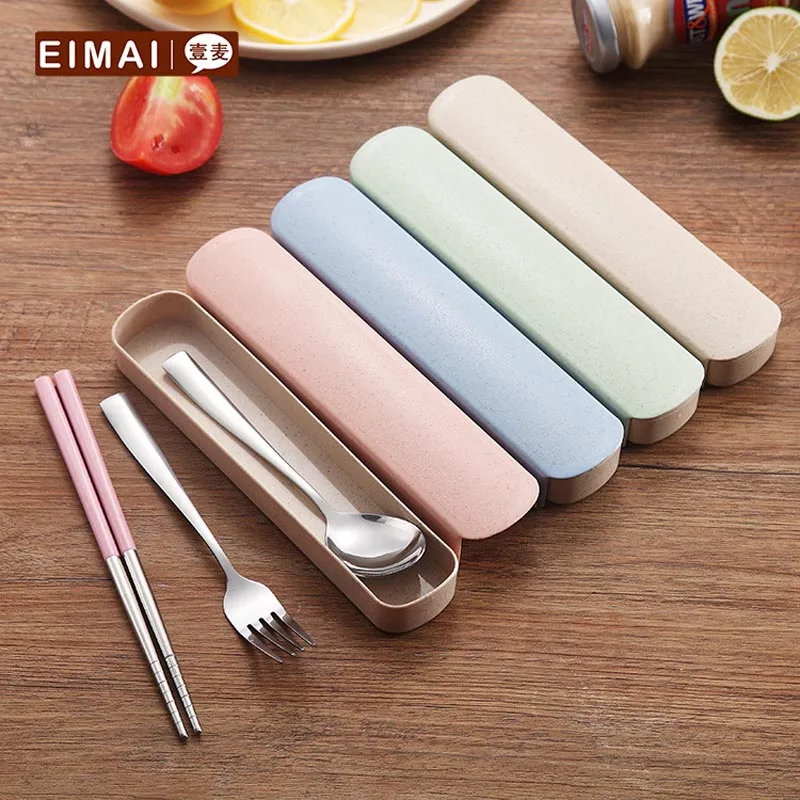 Portable Tableware Set Stainless Steel Dinnerware With Wheat Straw Handle Chopsticks Spoon Fork Travel Dinner A3 | Дом и сад