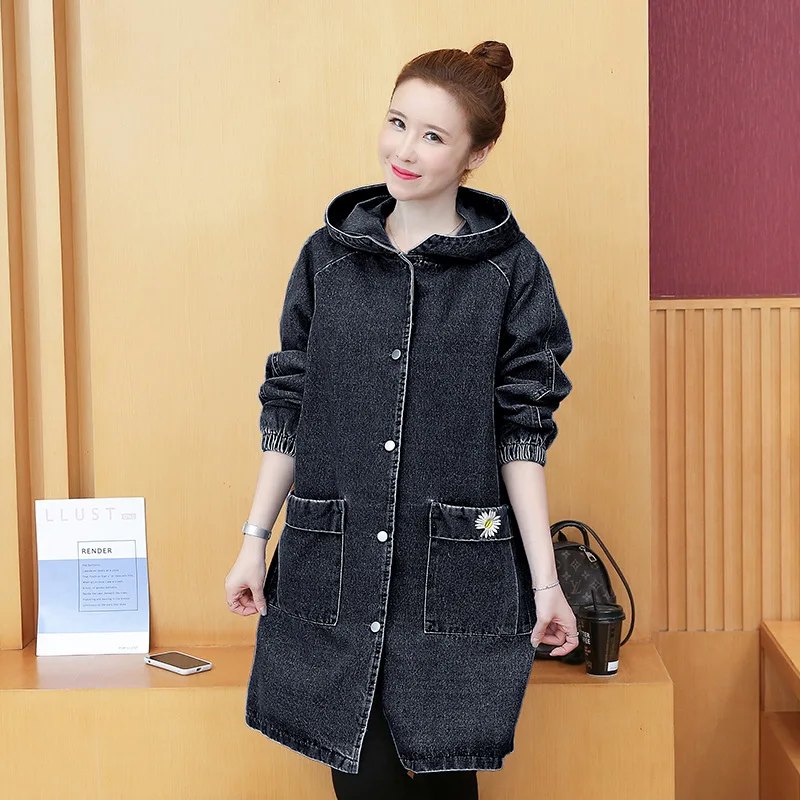 

Women's Autumn Coat Long Denim Jacket 2020 Hooded Loose Plus Size Embroidery Letter Jeans Overcoat Black Jean Coats Female