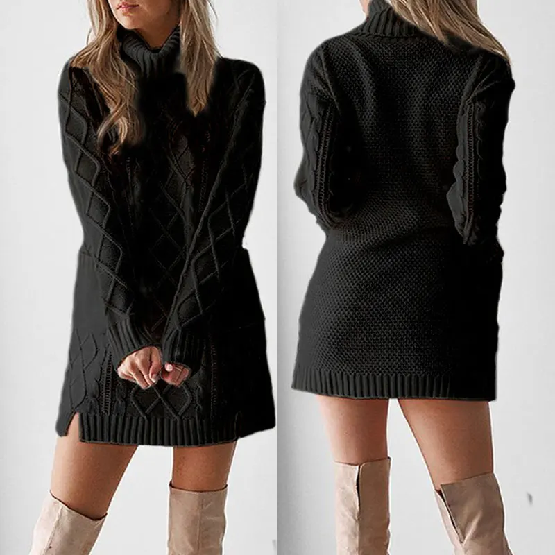 

2020 New Fashion Short Sweater Autumn Winter Long-Sleeve Turtleneck Women Ladies Sweater Dress High Quality Solid Color