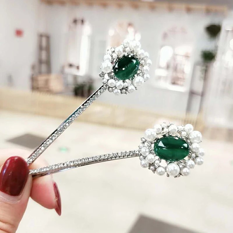 Hot Elegant Luxury Hair Clips Green Stone Rhinestone Hairclips for Women Vintage Pearl Barrettes Girls Headwear Accessories | Украшения и