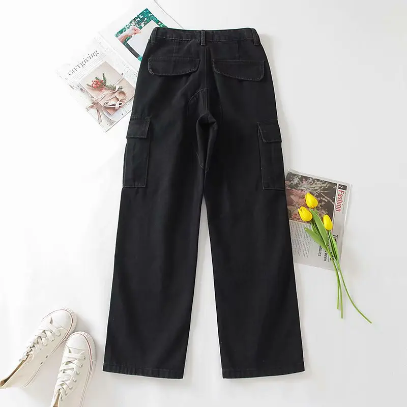

Vintage jeans autumn cargo pants women high waisted jeans ladies wide leg jeans black white pants fashion pockets trousers 2021