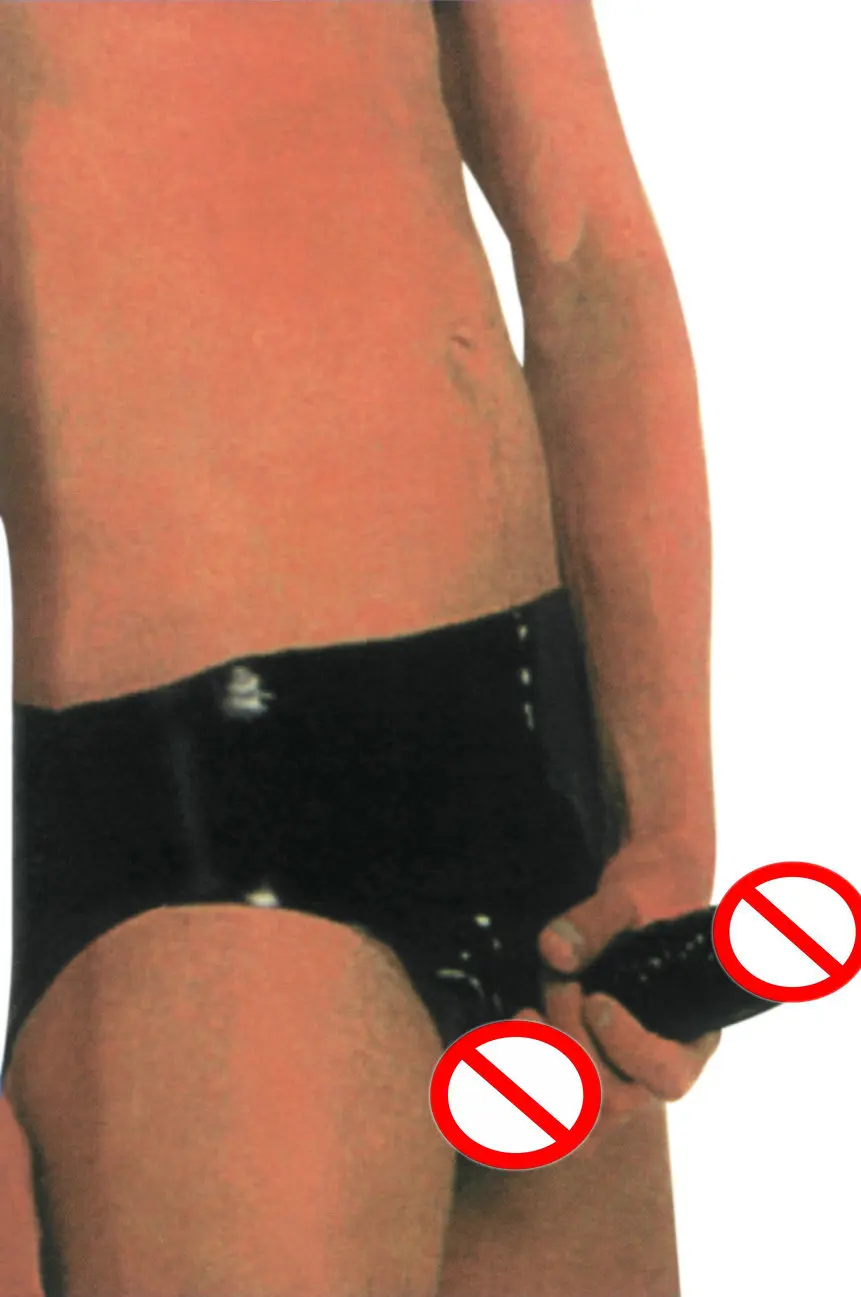 Мужские трусы черные сексуальные латексные брюки с презервативом и насадкой на