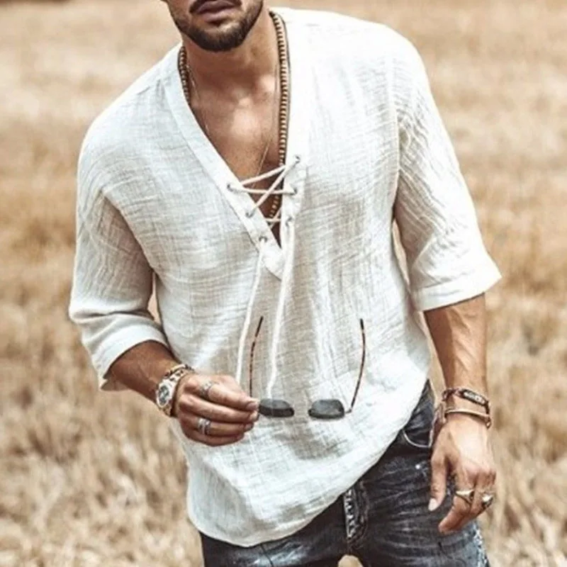 

Men Neckline Rope Perforated T Shirt Male Sexy V-Neck Half Sleeve T-Shirts 2021 New Fashion Solid Pure Cotton Streetwear Tees