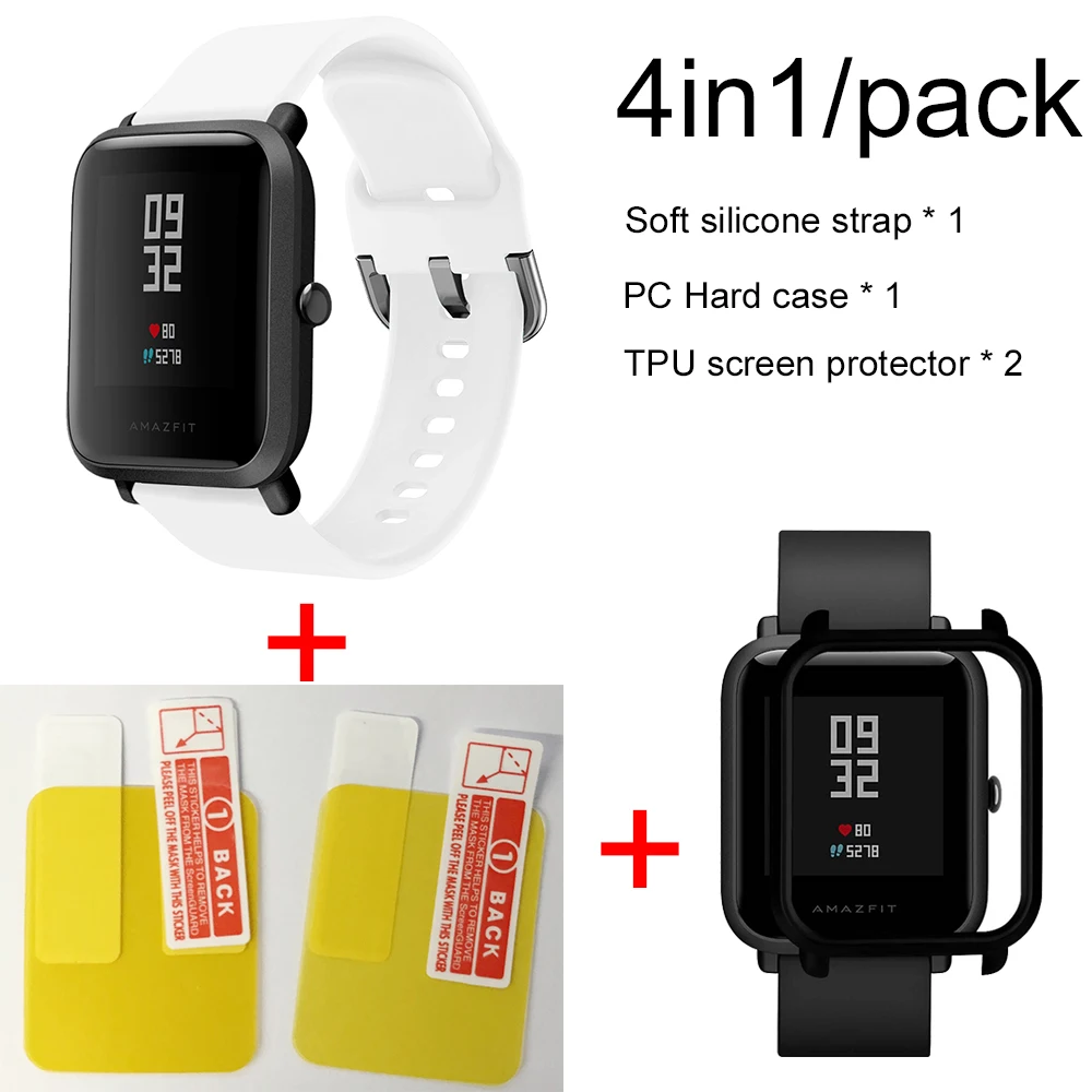 4в1 силиконовый ремешок спортивный браслет чехол для Xiaomi Huami Amazfit Bip BIT умные часы аксессуары - Цвет: White-Black case