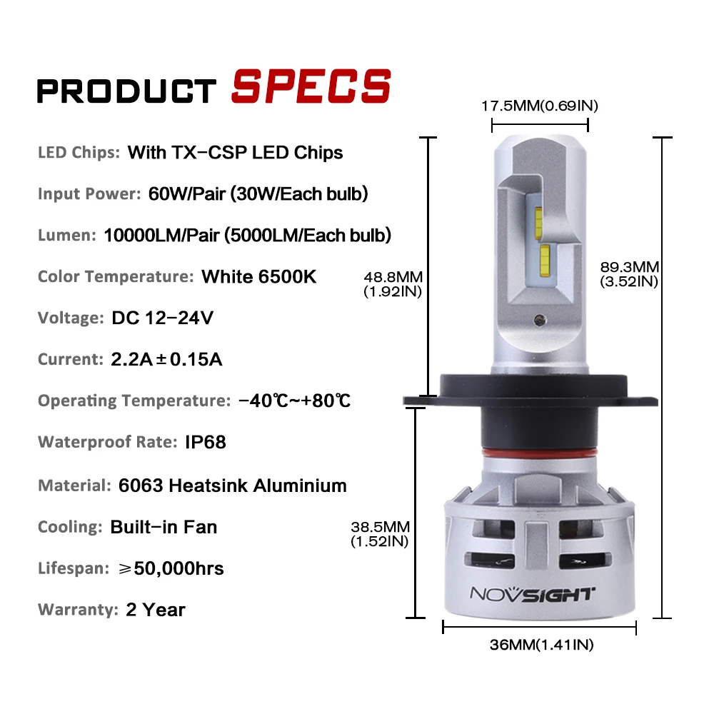 NOVSIGHT Led H4 HB2 9003 Автомобильные светодиодные лампы для фар с двумя пучками 6500K 60W 10000LM