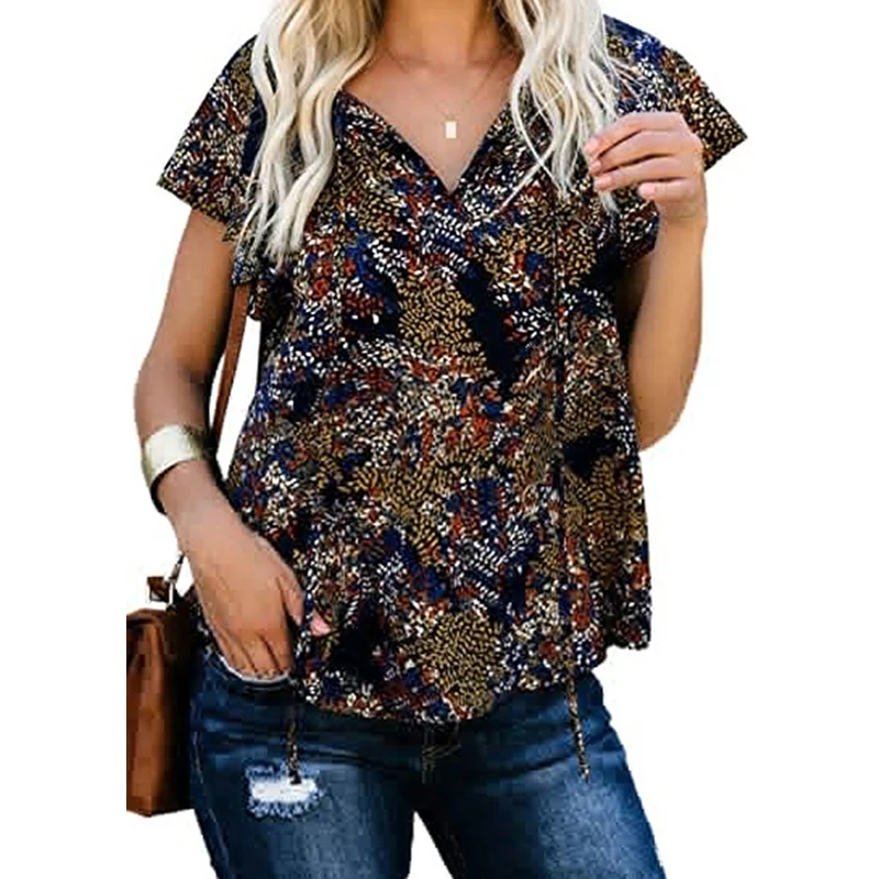 

Floral Printing Tshirt Woman Short-Sleeved Casual Ladies Tops Summer V-Neck Women Shirts Tees Street Wear Shirts Wholesale
