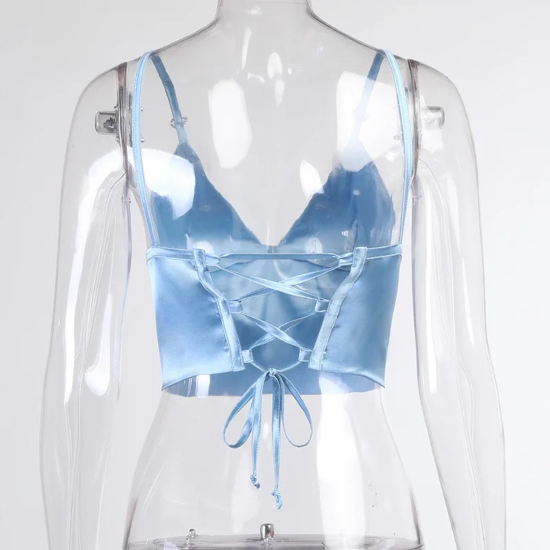 

Mandylandy Women's Casual Bandage Backless Spaghetti Strap V-Neck Short T-shirt Summer Sexy Solid Color Slim Sleeveless Vest