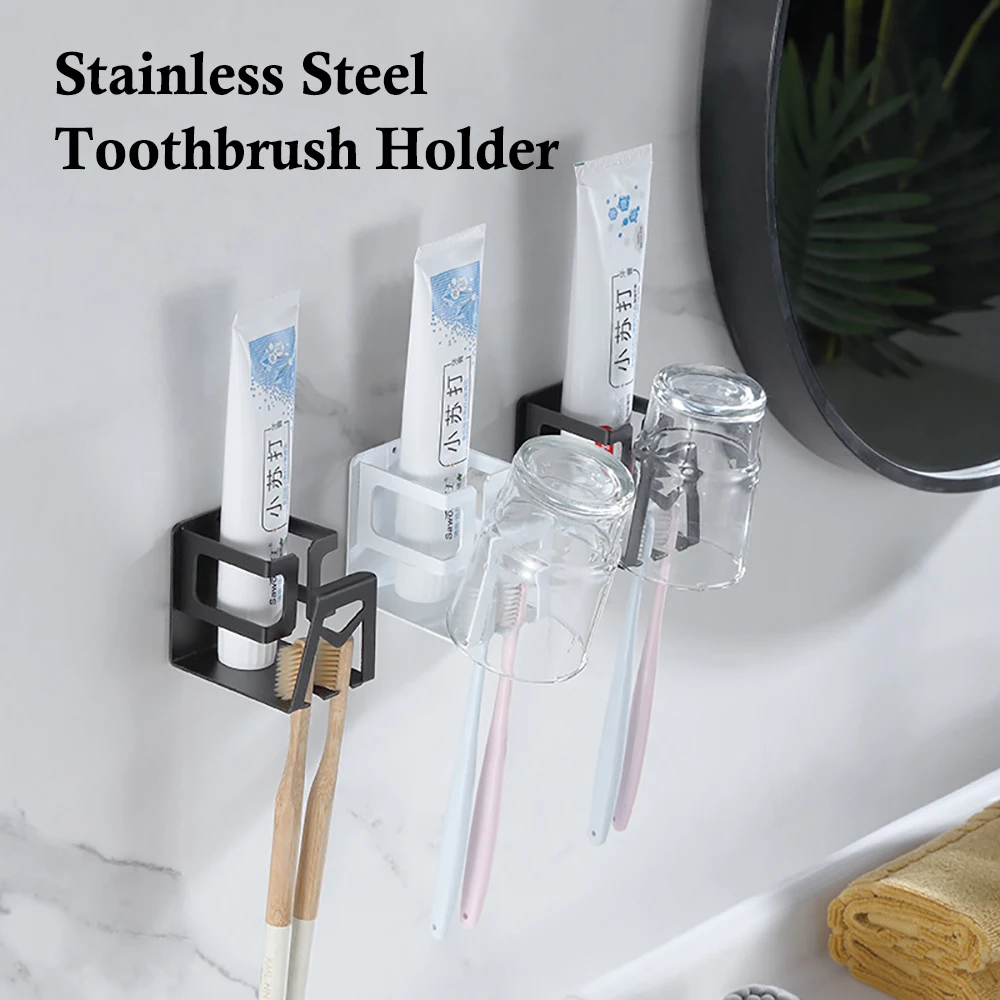 

Stainless Steel Toothbrush Holder Punch-Free Toothpaste Toothbrush Holder Bathroom Nail-Free Storage Rack Shelf Mouthwash Cup