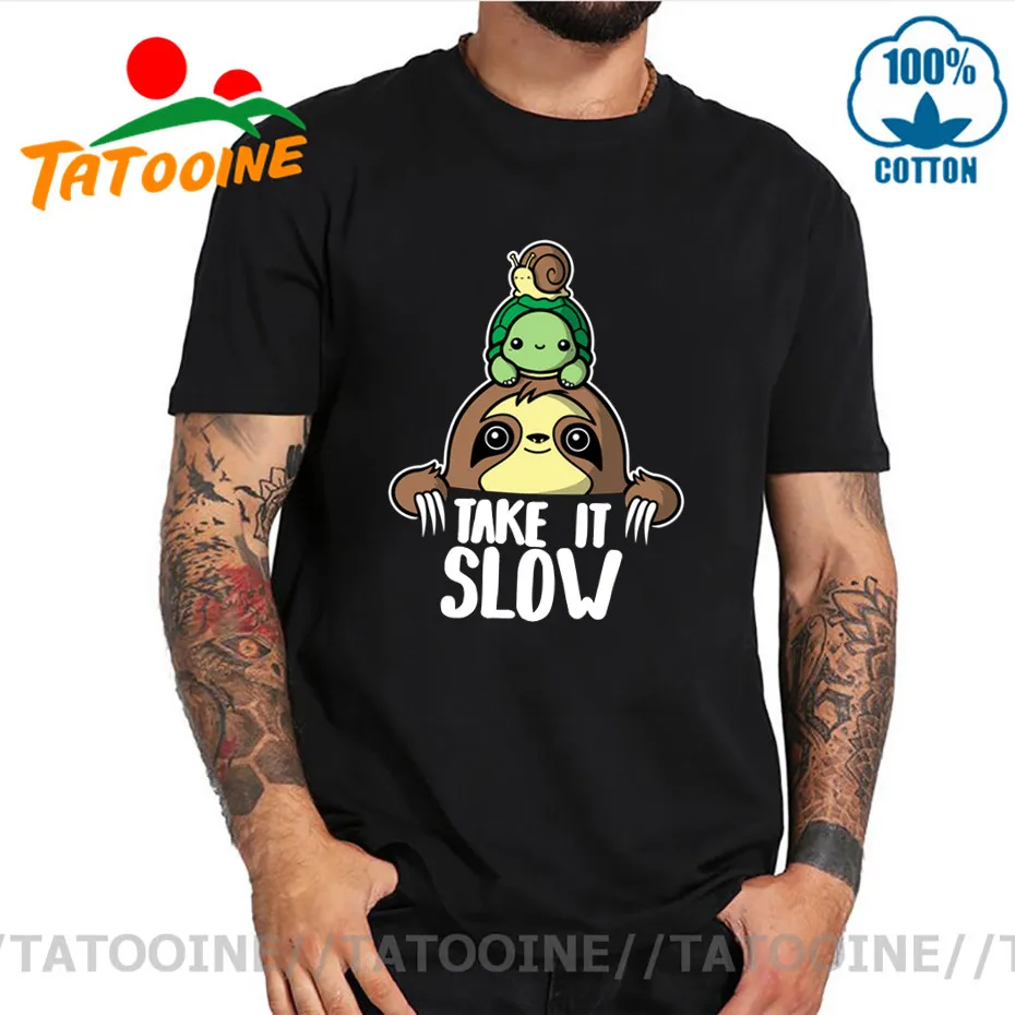 

Funny Take it slow T-shirt Cute Snail riding sloth t shirt men kawaii turtle snail tshirt lazy sloth teeshirt animal printed tee