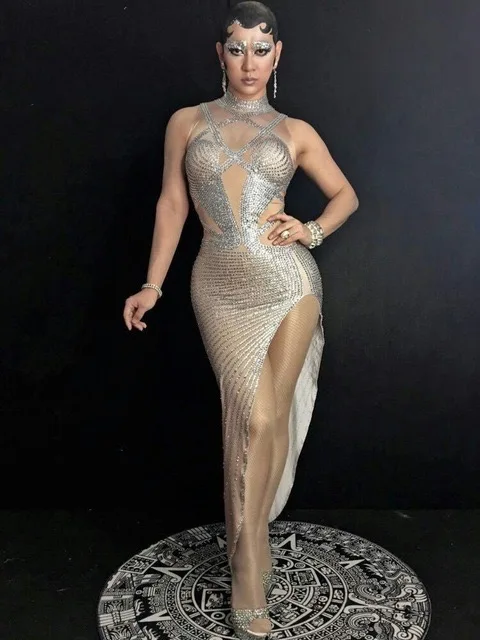 

Sparkly Crystals Long Dress Women's sexy Evening Party Costume Stage Wear Women Silver Rhinestones Nude Color Celebrate Dresses
