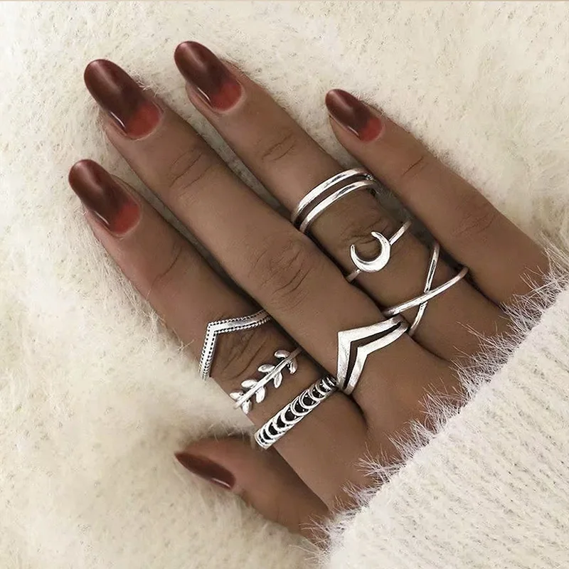 

Punk Ring Set Leaf Moon Crescent Rings for Women Vintage Fashion Geometric Jewelry Gothic Personality Accessories Gift 7Pcs/sets