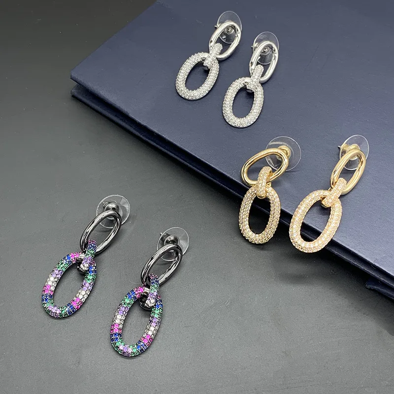 

European and American simple and cold wind exaggerated metal oval lock chain earrings double loop ring silver needle earrings fe