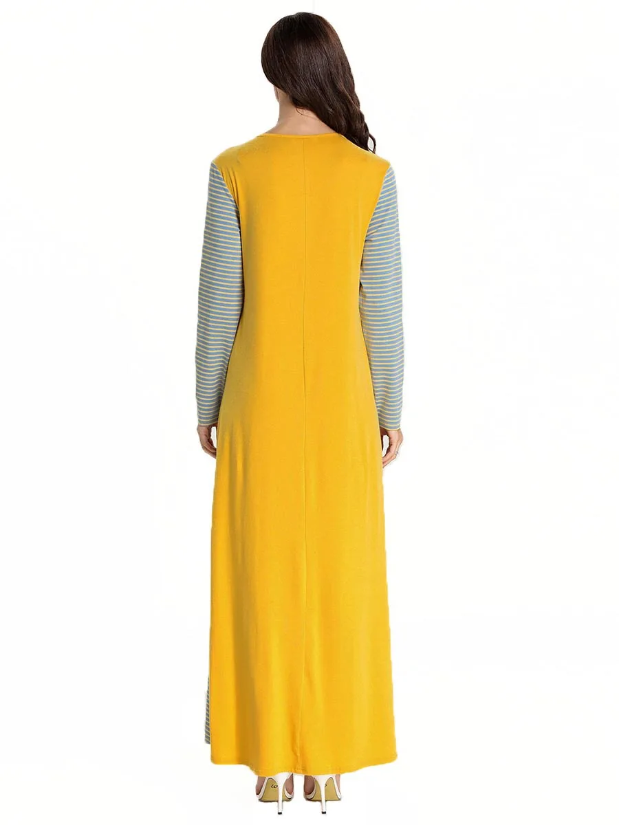 

Muslim Dresses Large Size Women's Yellow Stitching Striped Embroidered Autumn Caftan Marocain Muslim Casual Dress