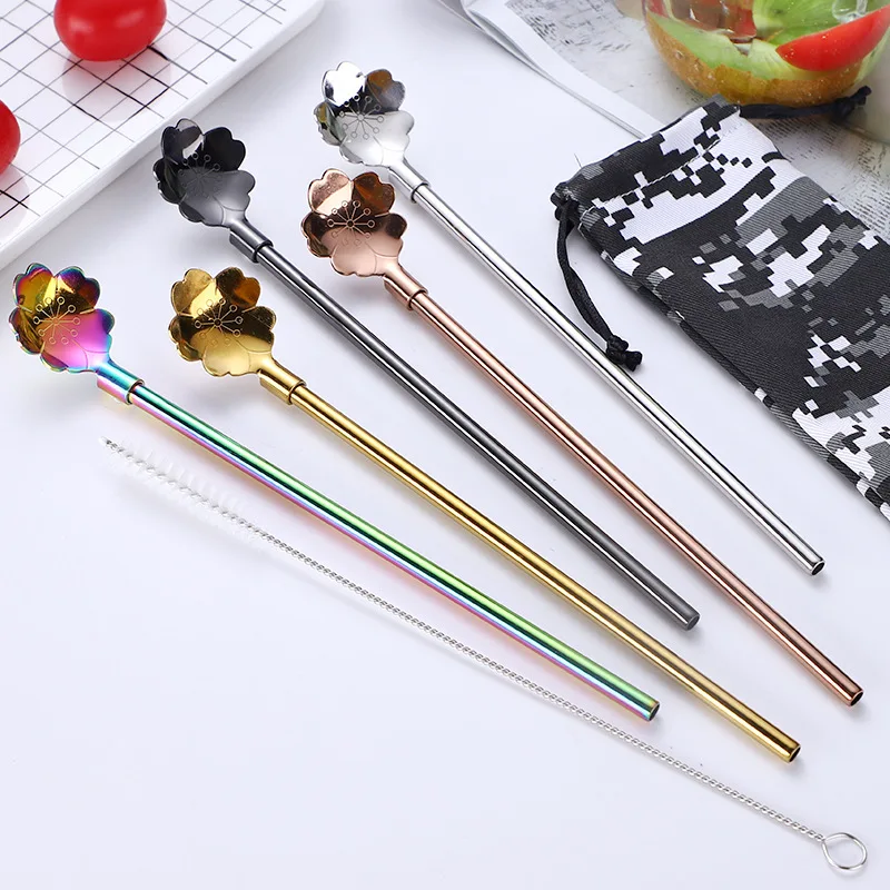 

304 Stainless Steel Sakura Straw Spoon Stirring Spoon Reusable Straw Spoon Kitchen Tool