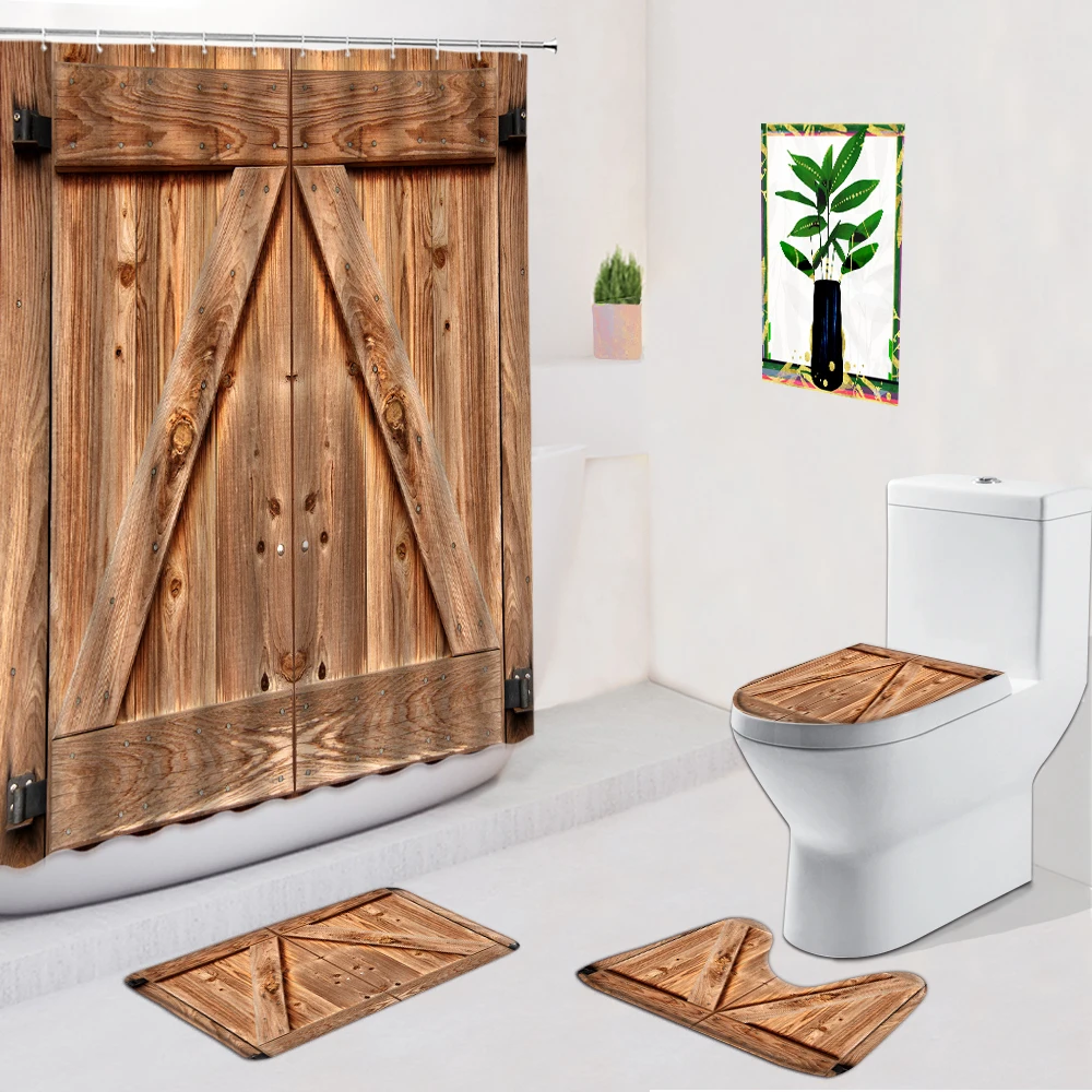 

Retro Wood Door Bathroom Set Shower Curtain Non-Slip Rug Bath Mat Toilet Cover With Hook Shabby Gate Bathtub Decoration Curtains