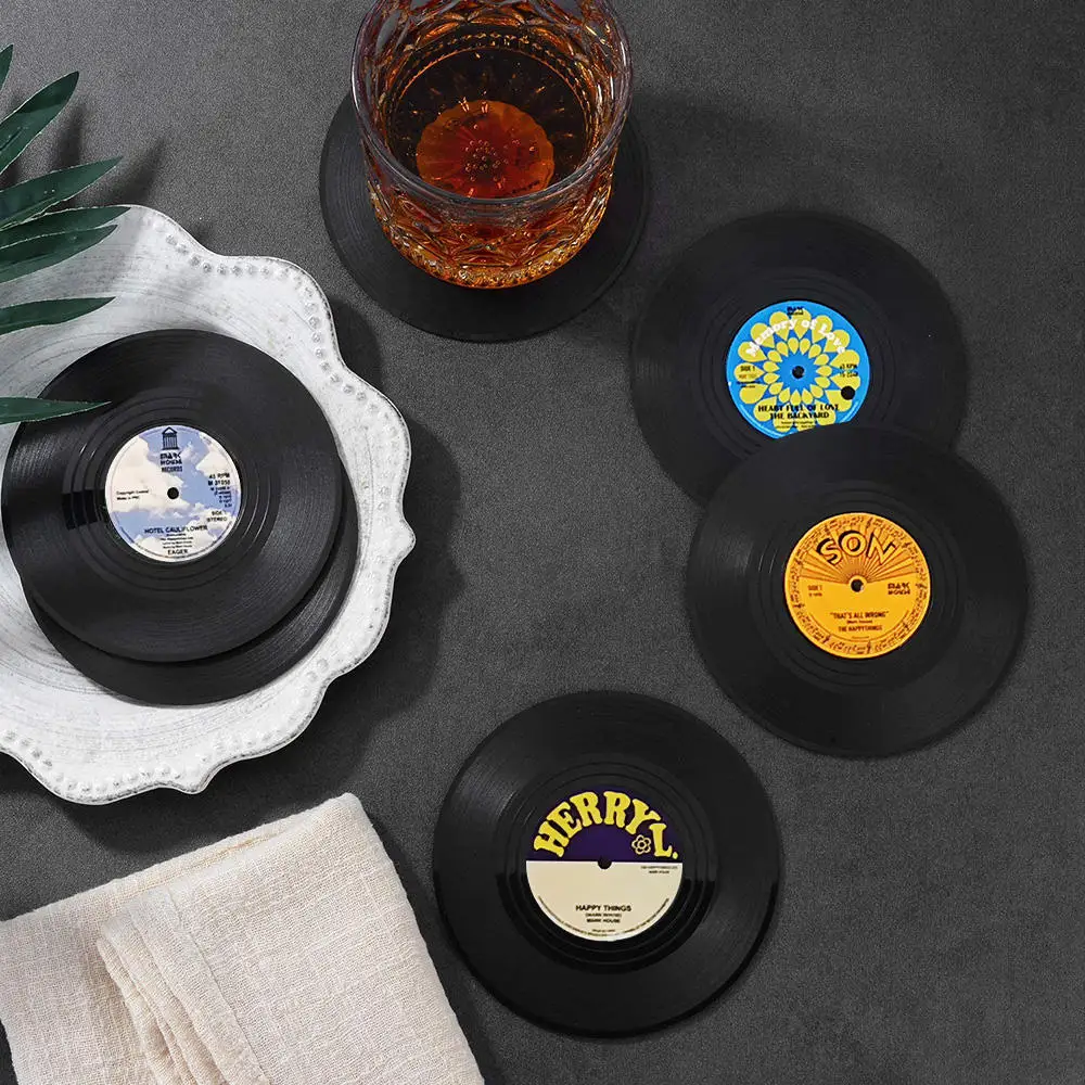 Set of 6 Vinyl Coasters for Drinks Music Coasters with Vinyl Record Player Holder Retro Record Disk Coaster Mug Pad Mat Creative images - 6