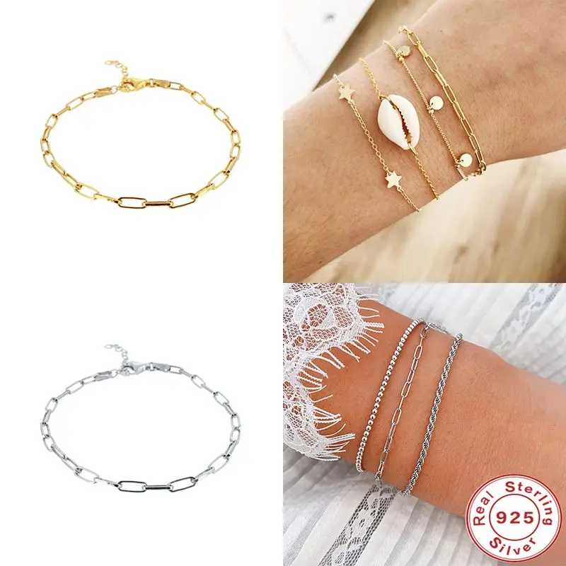 

Aide Simple Paper Clip S925 Sterling Silver Bracelet For Women Jewelry Charm Bracelets For Women Chain Bransoletki Damskie