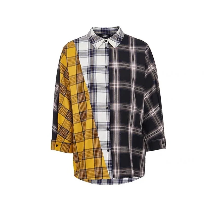 

HOUZHOU Vintage Plaid Shirts Harajuku Oversize Streetwear Chic Women Blouses Korean Style Long Sleeve Casual Black Top Patchwork