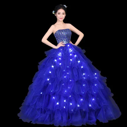 Sexy Blue Pink light up long wedding party dress New year Evening host Stage DJ show LED Tron Dance Wear dresses elegant skirts