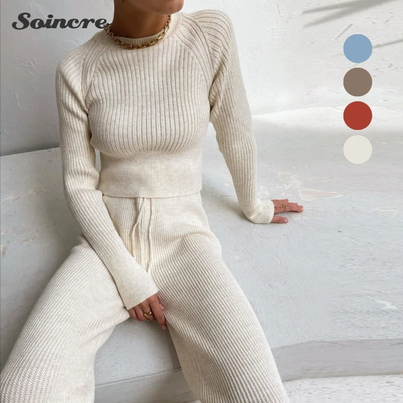 

Loose Solid Casual Chic Long Sleeve Sweater Drawstring Sweatpants Set Tracksuit Autumn Women's Knitted Warm Sweater 2 Piece Set