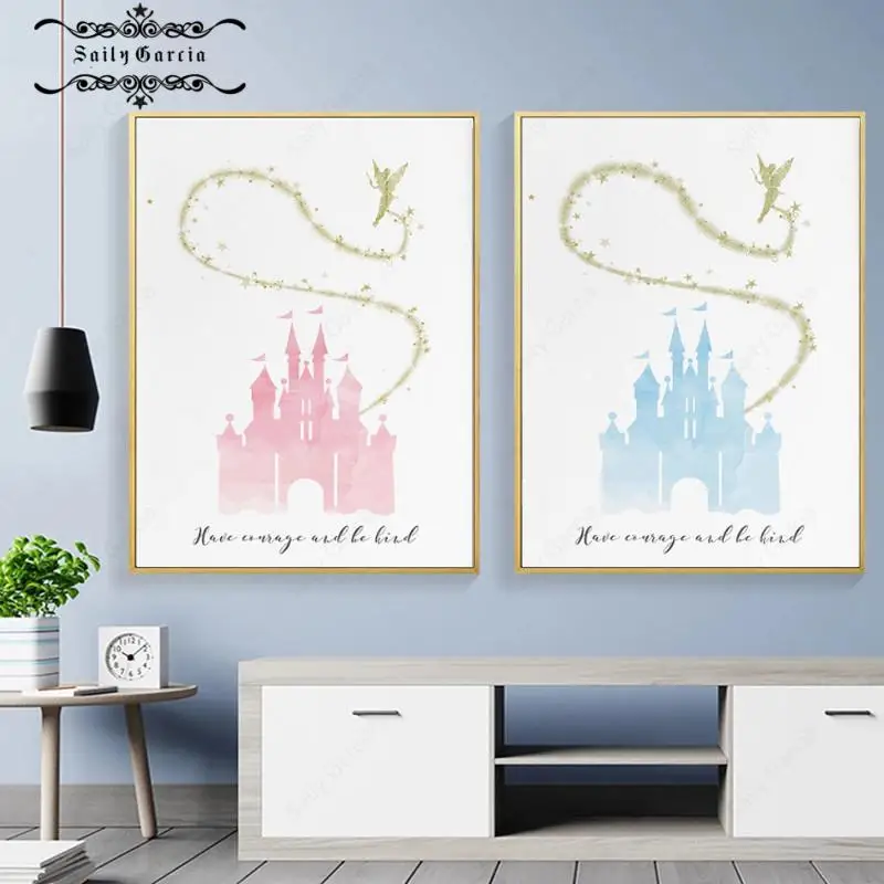 

Cartoon Girl Magic Castle with Princess Nordic Poster and Prints Wall Art Canvas Painting Nursery Wall Pictures Kids Room Decor