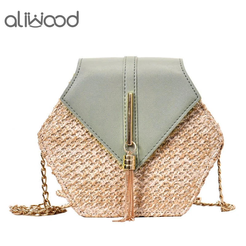 

aliwood Bohemian Style Women Straw bags Chain Shoulder Bags Leather Handbag Rattan Beach Bag Metal Tassel Female Crossbody Bags