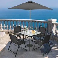 6 pieces umbrella patio dining set ergonomic foldable chairs stable steel frame water wave tempered glass garden furniture sets