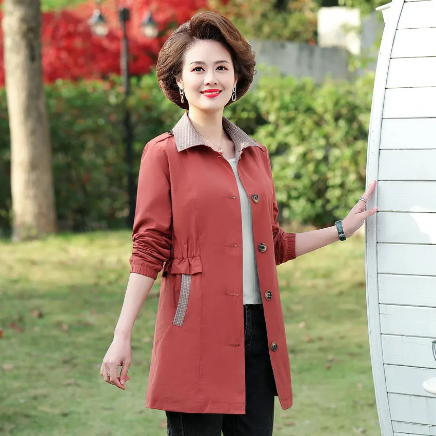 Тренч для зрелых женщин цвета хаки красный кофейный клетчатый узор отложной