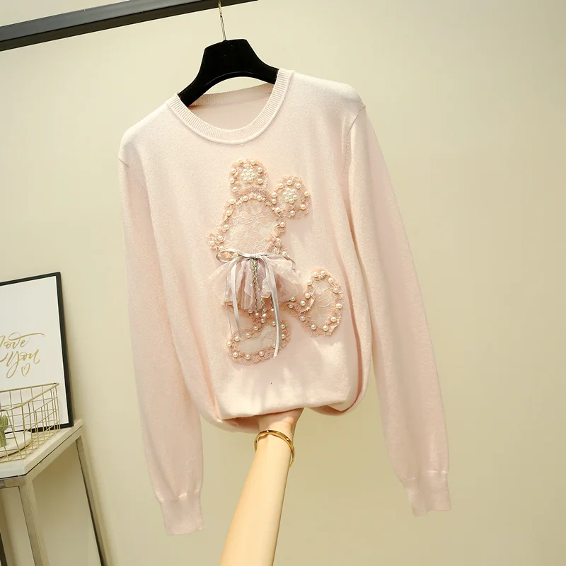 pink colour Модный женский пуловер на осень и зиму, свитер с вышивкой и пайетками, женские топы в Корейском стиле harajuku, вязаный свитер junper - Цвет: pink colour