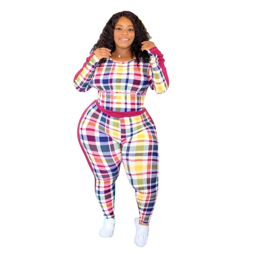 

Fashion Plus Size Women Plaid Two Pieces Sets New Arrivals Printing Long Sleeves T Shirt with O Neck High Waist Pants Nightclub
