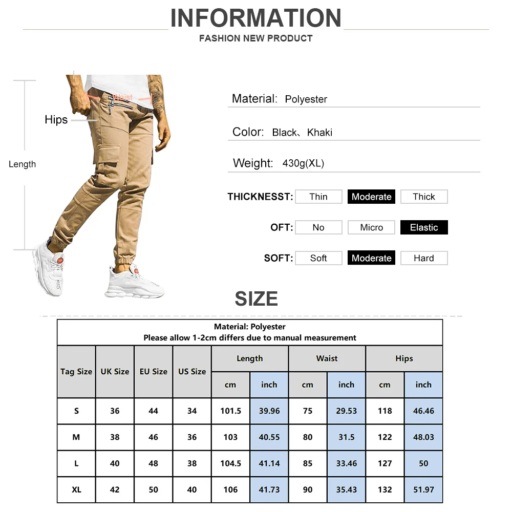 

Men Cargo Pants Solid Color Zipper Multi-Pockets Casual Pants for Male Summer Elastic Waist Full Length Loose Trousers D30