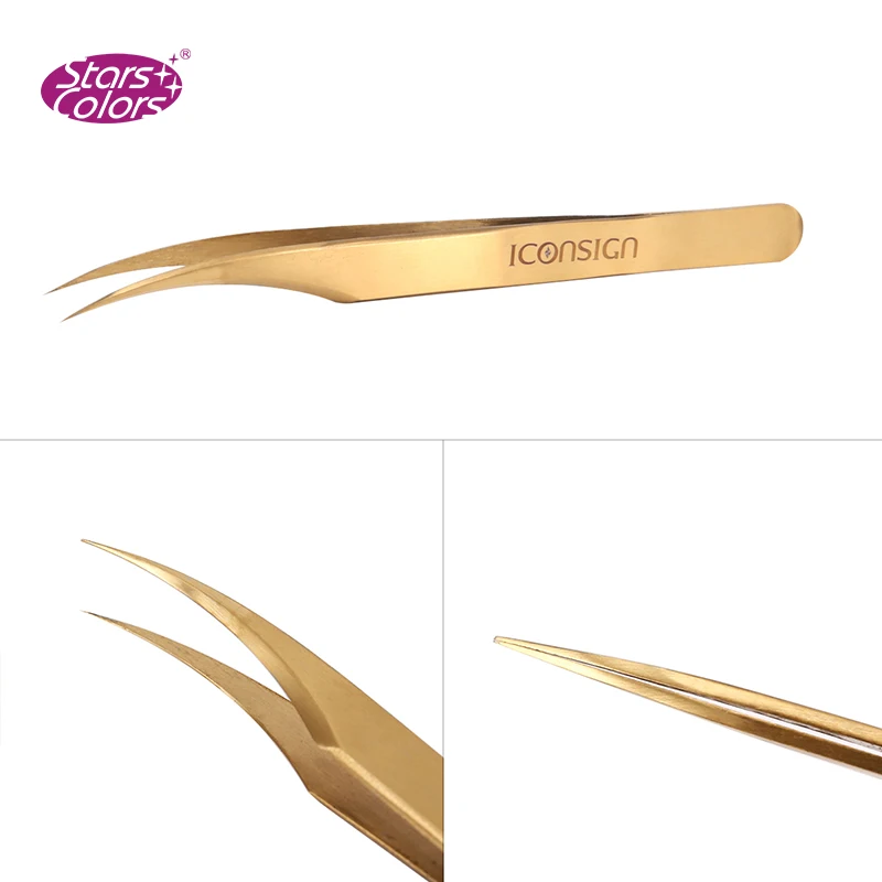 2 pieces/set High Quality Stainless Steel Eyelash Extension Tweezers Tigthness Gold Anti-static Curved/Bent Makeup | Красота и