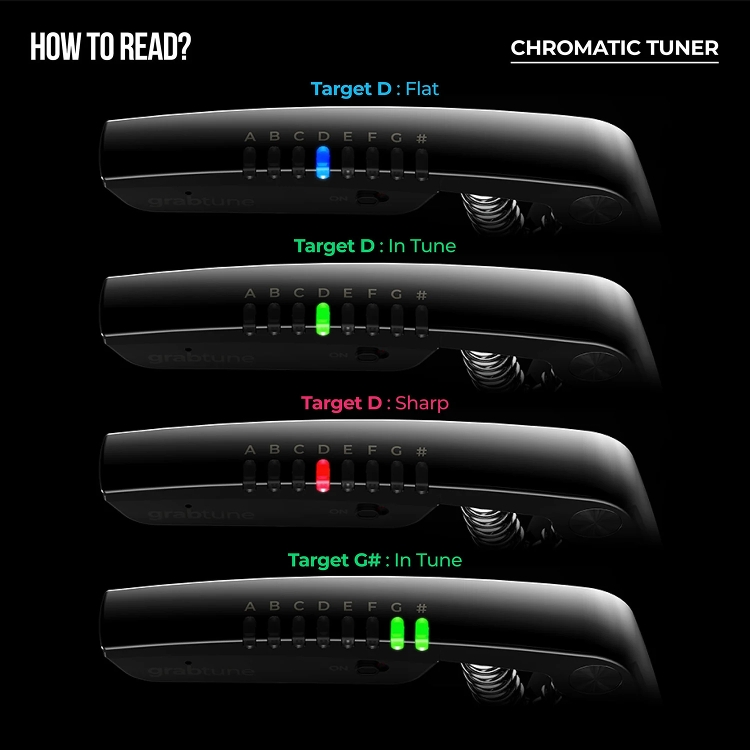 

JOWOOM GRABTUNE GT-100 2-in-1 Guitar Capo Tuner Multi-functional Zinc Alloy Built-in Rechargeable Battery RGB LED Indicators